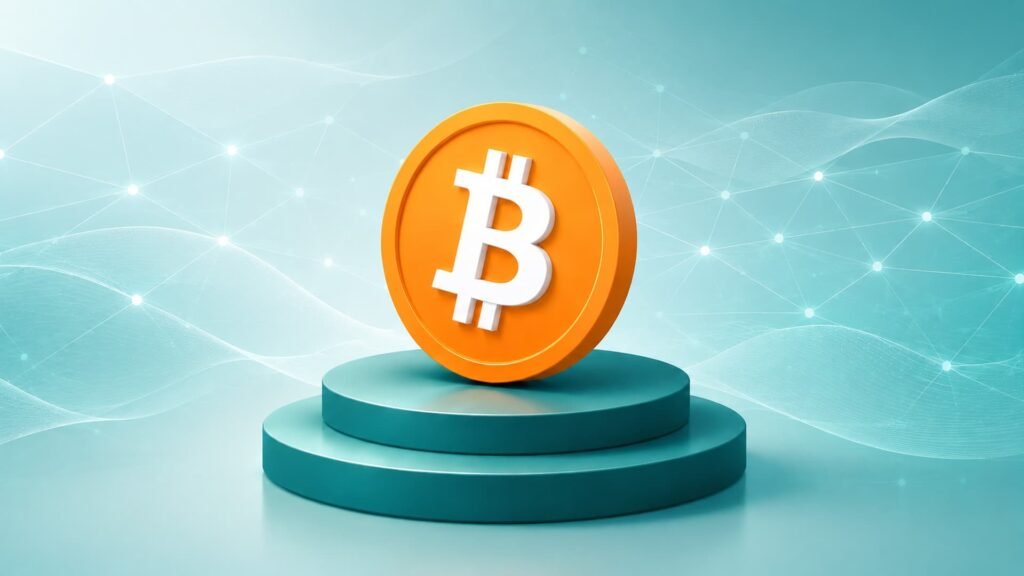 Bitcoin-kolikko turkoosilla korokkeella